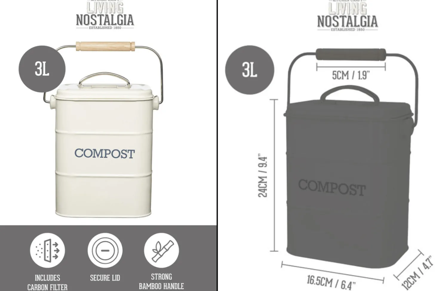 Bac à compost KitchenCraft Living Nostalgia en acier gris 3L