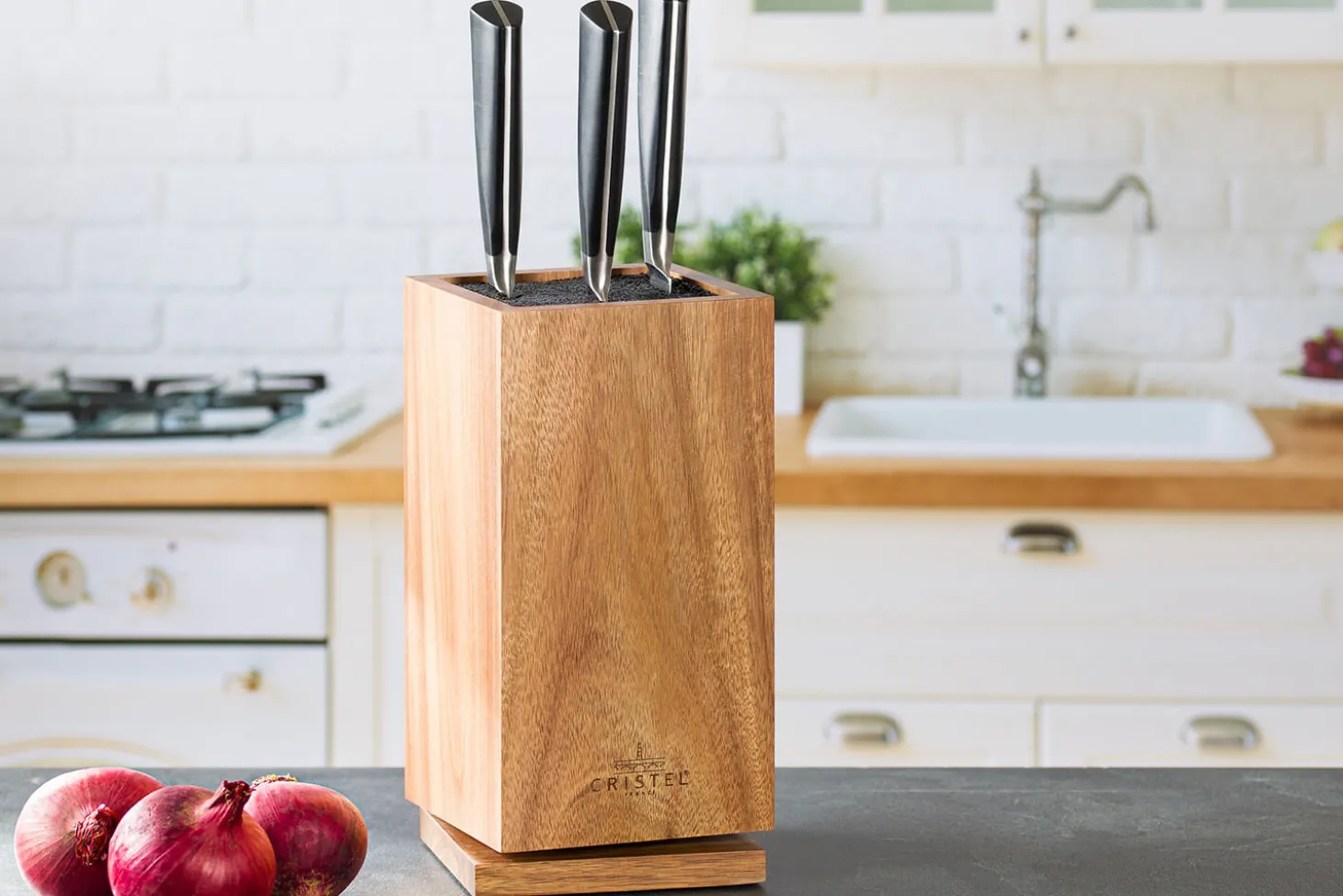 Bloc couteaux vide rotatif Cristel en bois d'acacia