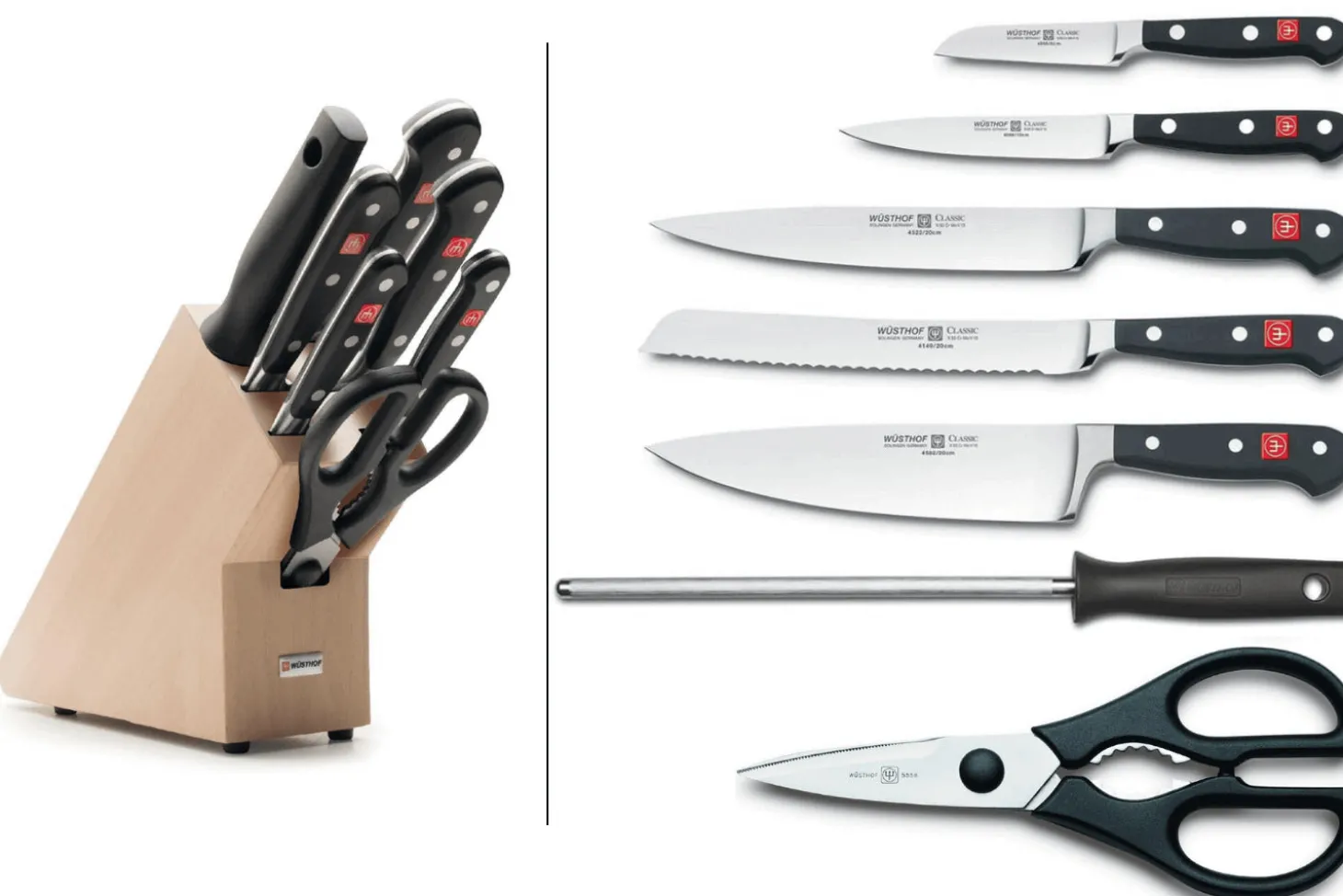 Bloc cuisine Wusthof Classic forgés 7 pièces - 5 couteaux + 1 fusil et une paire de ciseaux