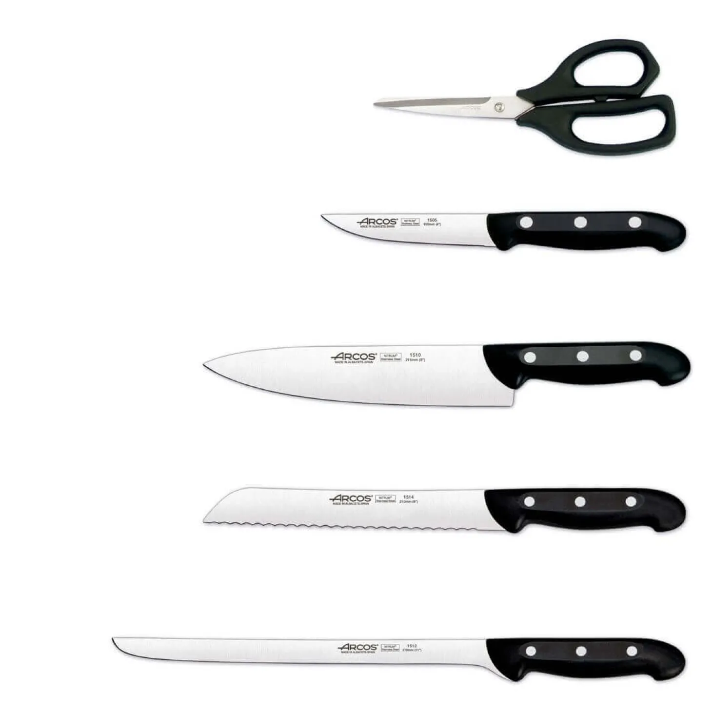 Bloc en pin 4 couteaux + 1 ciseaux Arcos MAITRE lames acier inox NITRUM