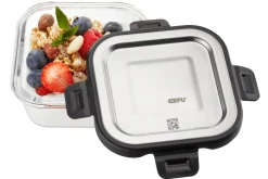Boîte de conservation carrée au frais Gefu Milo en verre borosilicaté et acier inox 300ml
