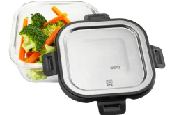 Boîte de conservation carrée au frais Gefu Milo en verre borosilicaté et acier inox 500ml