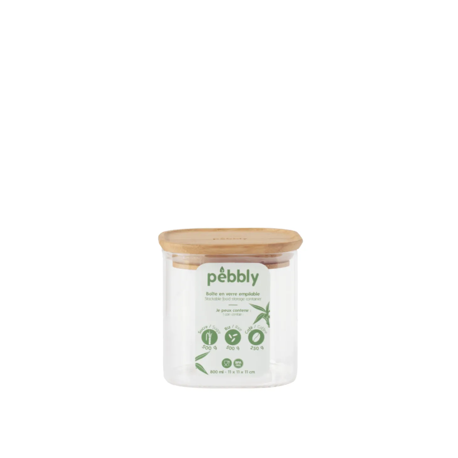 Boîte de conservation haute et carrée en verre Pebbly avec couvercle en bambou
