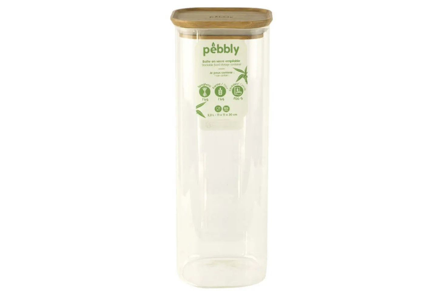 Boîte de conservation haute et carrée en verre Pebbly avec couvercle en bambou