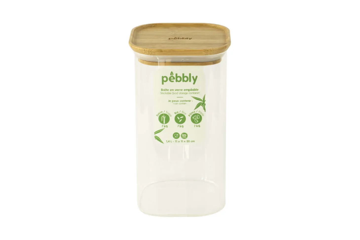 Boîte de conservation haute et carrée en verre Pebbly avec couvercle en bambou