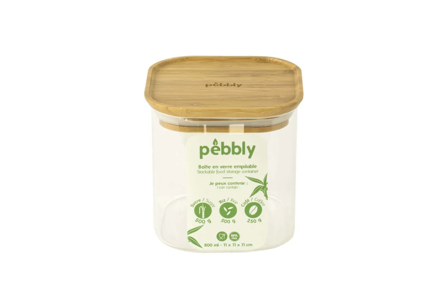 Boîte de conservation haute et carrée en verre Pebbly avec couvercle en bambou