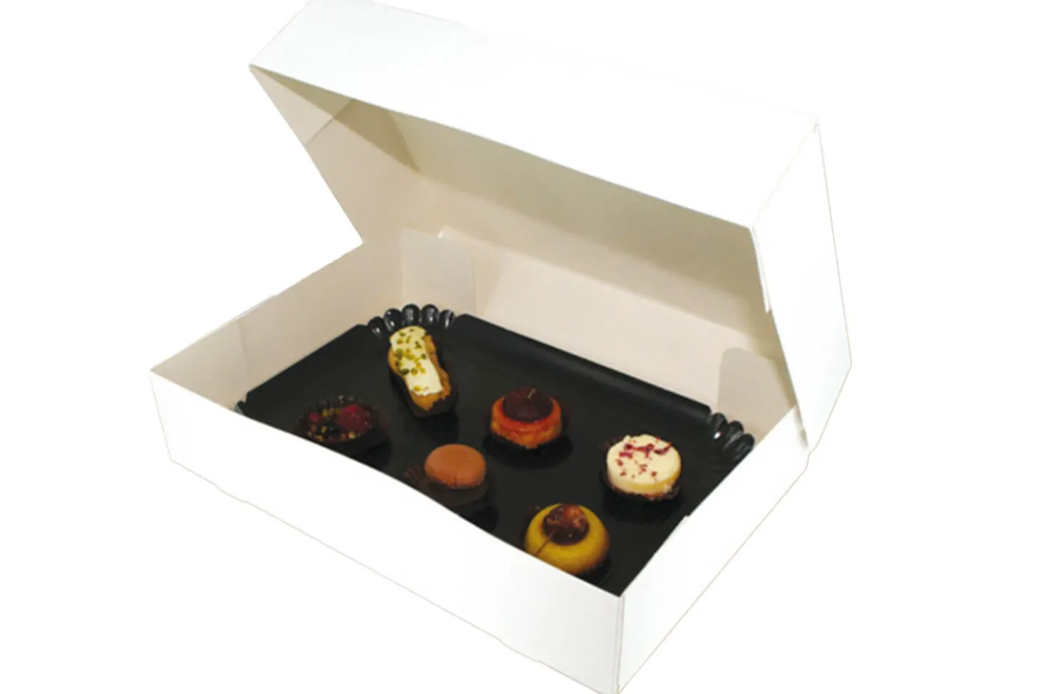 Boîte traiteur blanche Patisdécor avec plateau noir 43x29cm