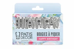 Bougies à piquer "Happy Birthday" Patisdécor argentées
