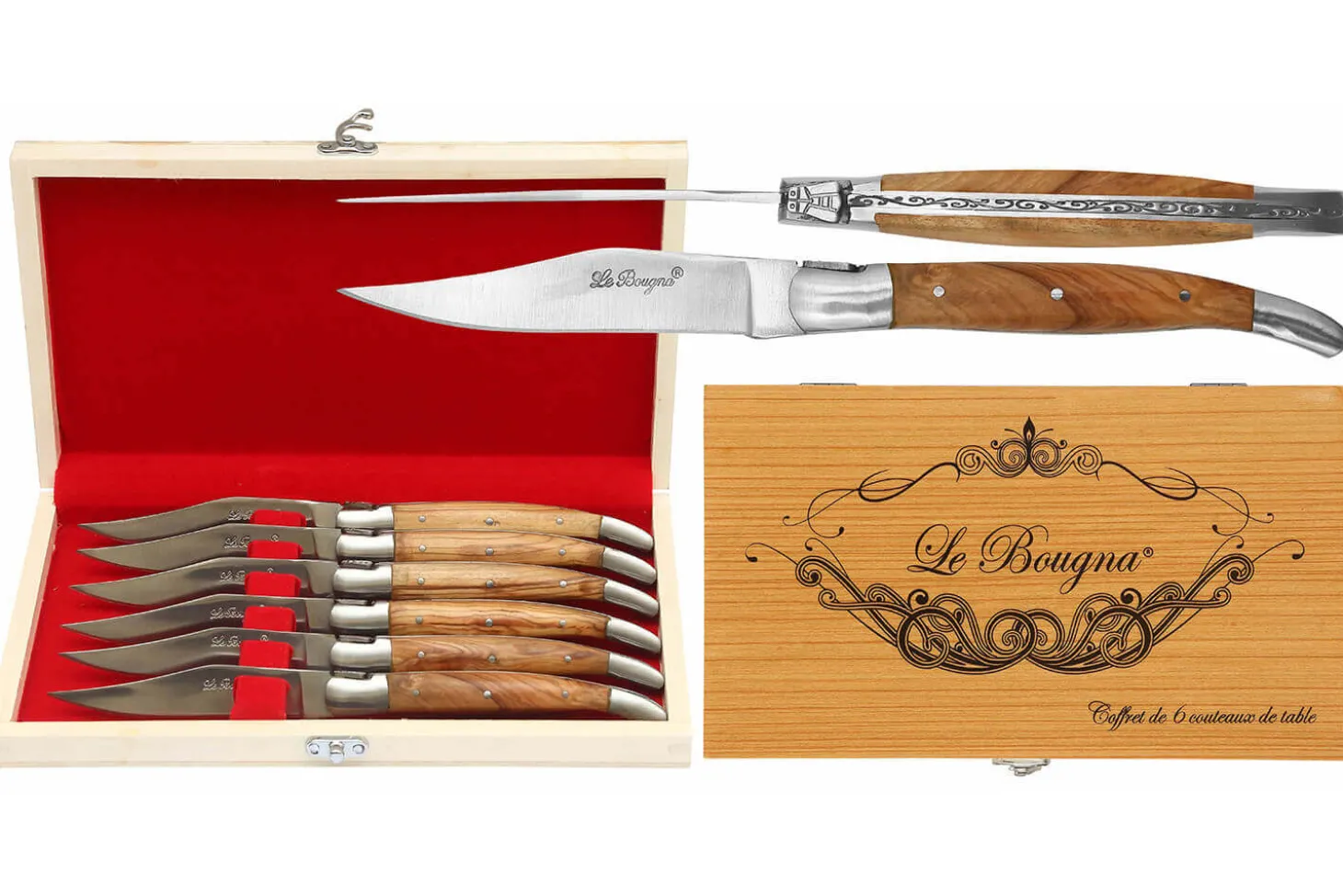 Coffret cadeau de 6 couteaux de table Le Bougna manches en Teck