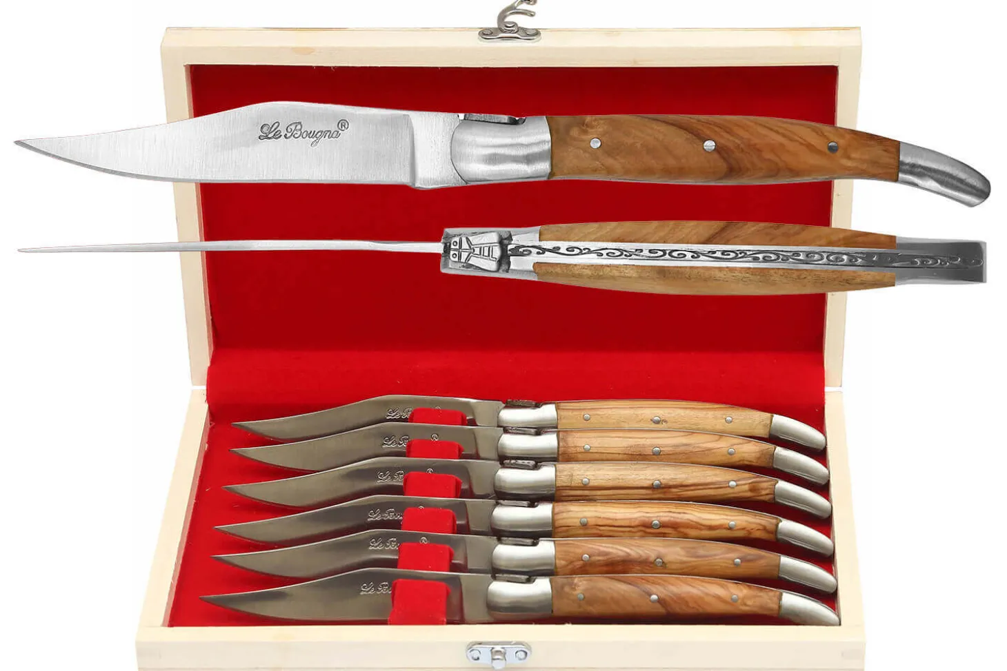 Coffret cadeau de 6 couteaux de table Le Bougna manches en Teck