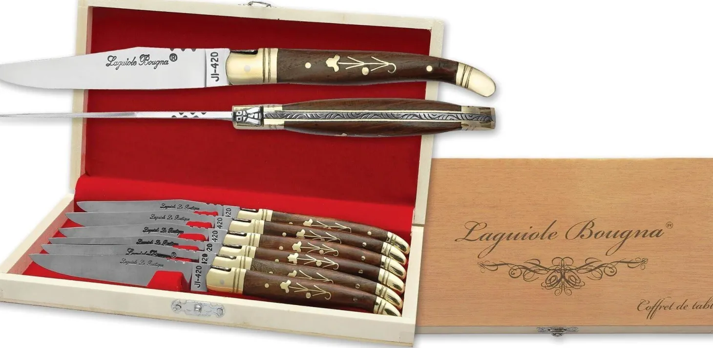 Coffret cadeau de 6 couteaux de table Laguiole Bougna manches palissandre - mitres laiton