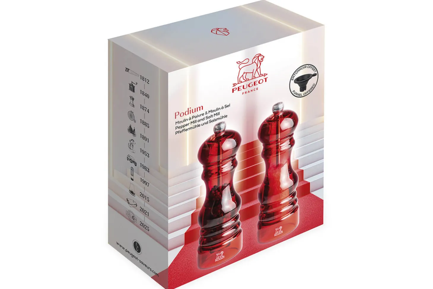Coffret cadeau 2 moulins Peugeot Podium en acrylique rouge 18cm