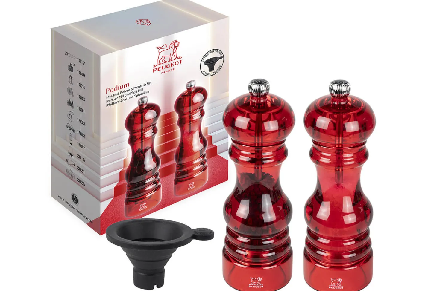 Coffret cadeau 2 moulins Peugeot Podium en acrylique rouge 18cm