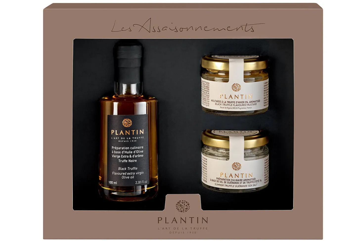 Coffret cadeau truffes Plantin : huile d'olives à la truffe noire + 2 verrines aromatisées