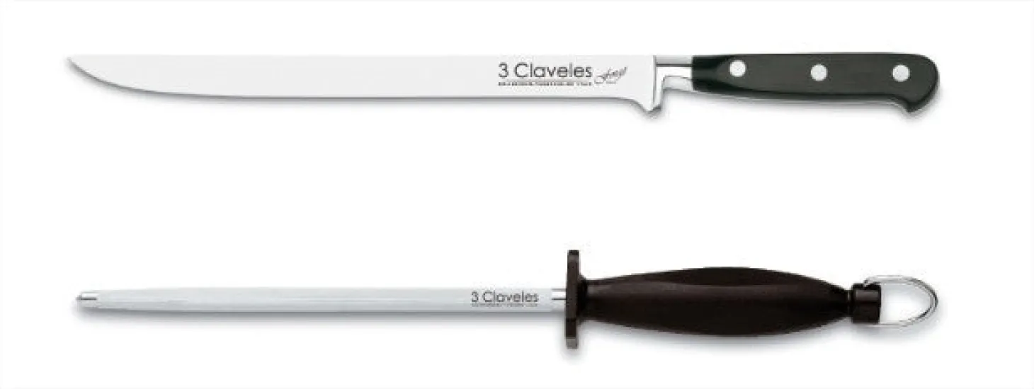 Coffret couteau à jambon et fusil à aiguiser 3 Claveles