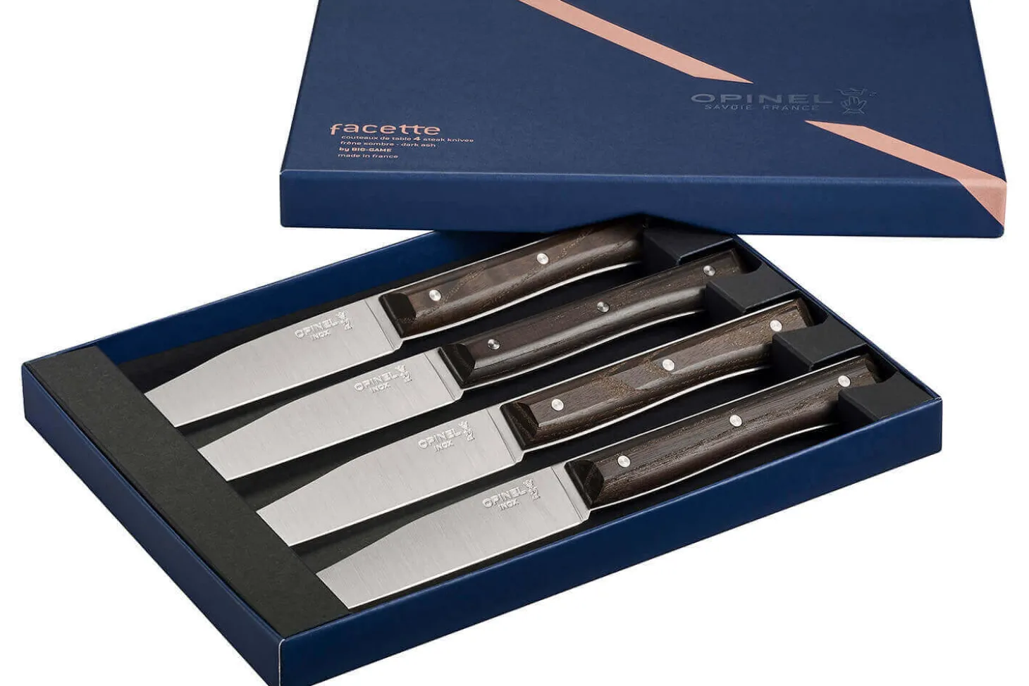 Coffret 4 couteaux de table Opinel Facette manche frêne sombre lame 11cm inox lisse