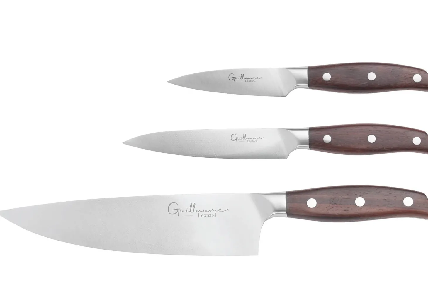 Coffret 3 couteaux Guillaume Leonard Cuistot acier inoxydable et santal rouge Chef + Office + Universel