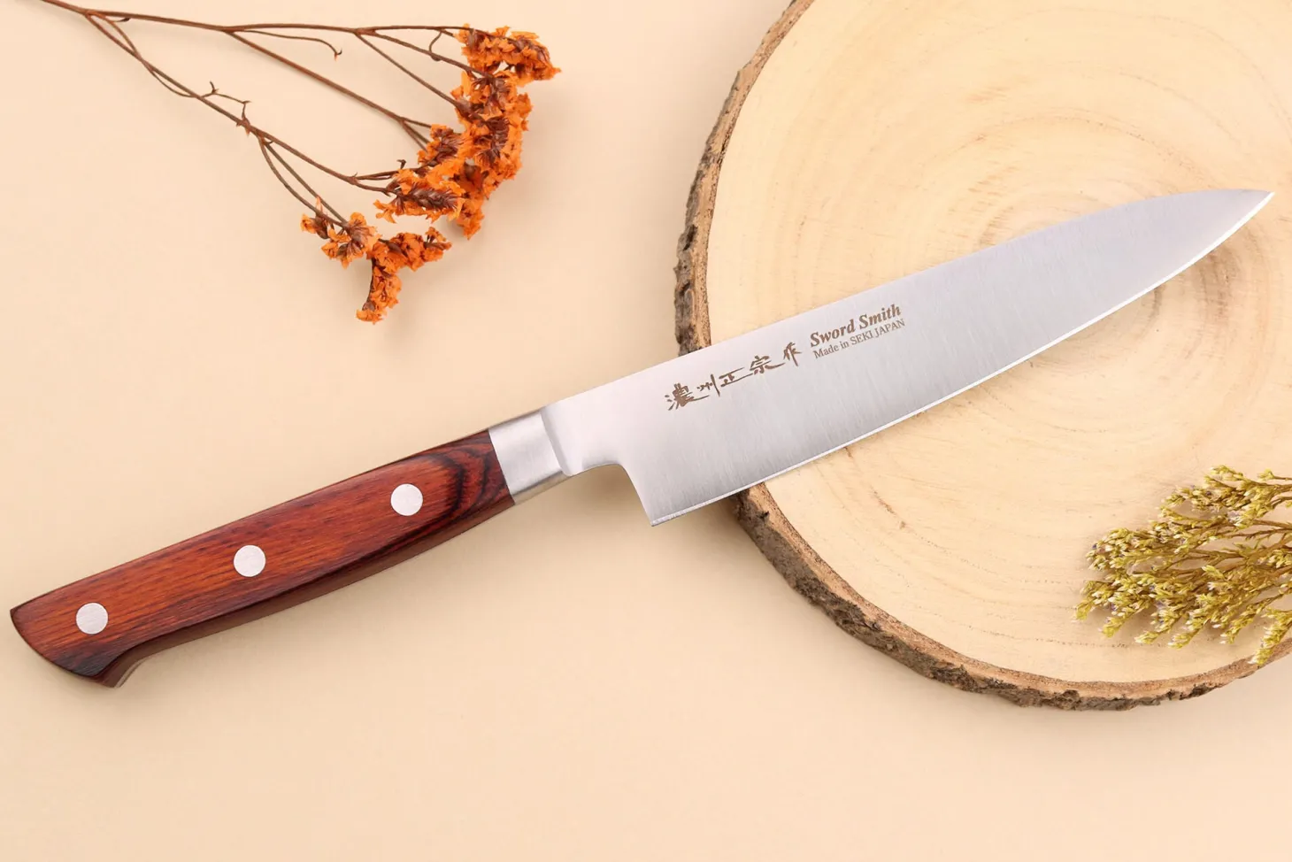 Coffret 3 couteaux japonais Satake Cutlery Brown Pakkawood chef + santoku + office