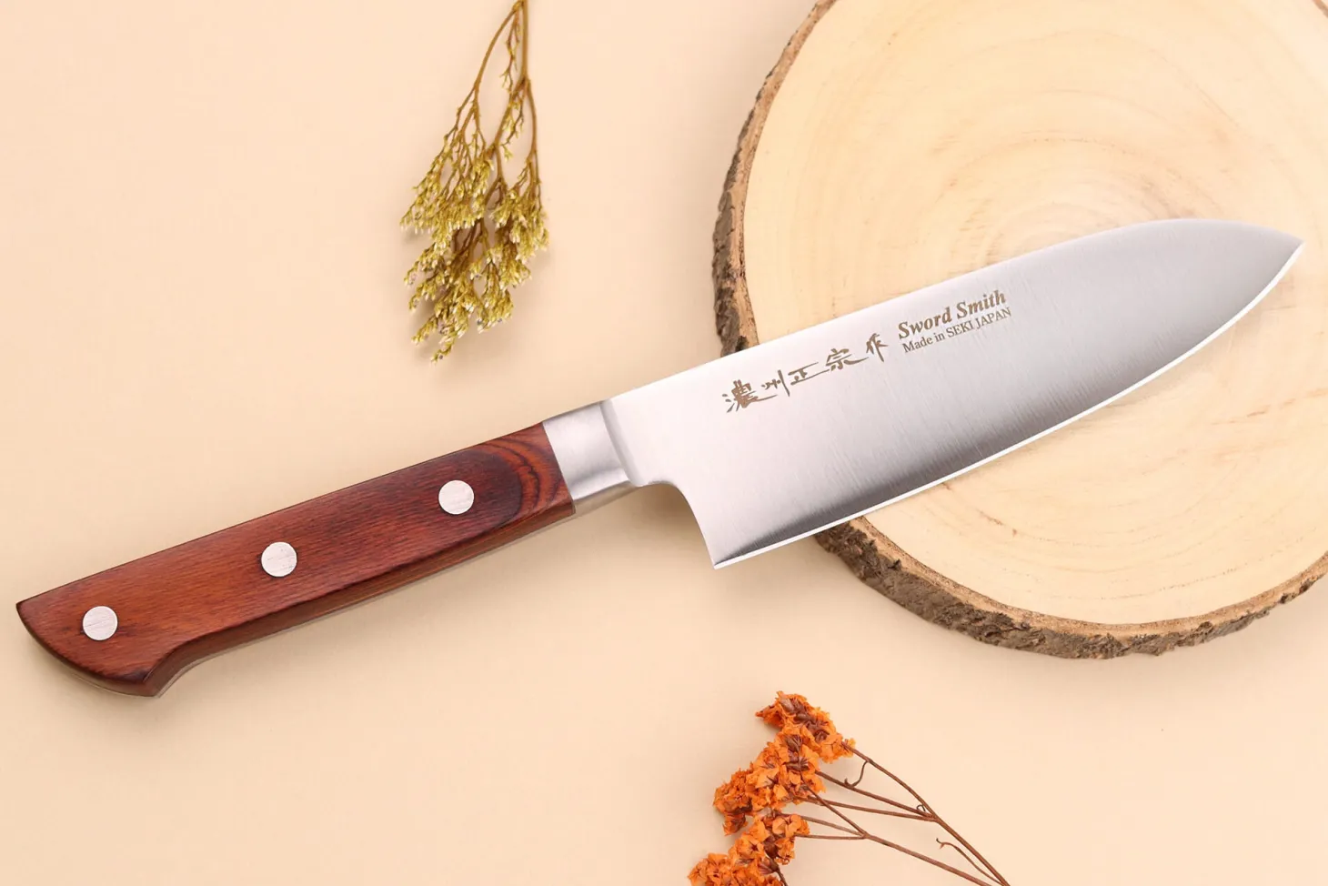 Coffret 3 couteaux japonais Satake Cutlery Brown Pakkawood chef + santoku + office
