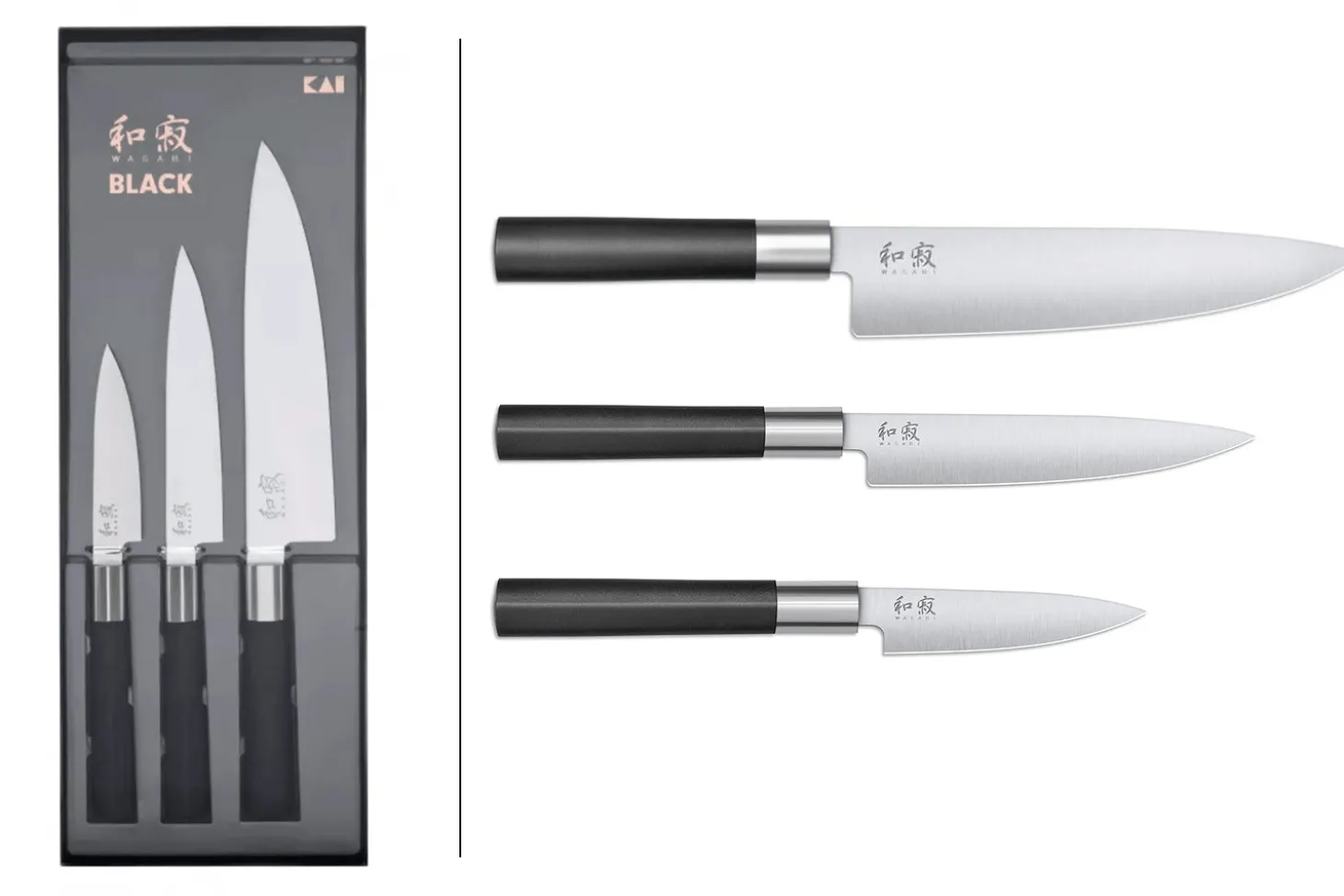 Coffret 3 couteaux Kai Wasabi Black : Universel 10cm et 15cm et Chef 20cm