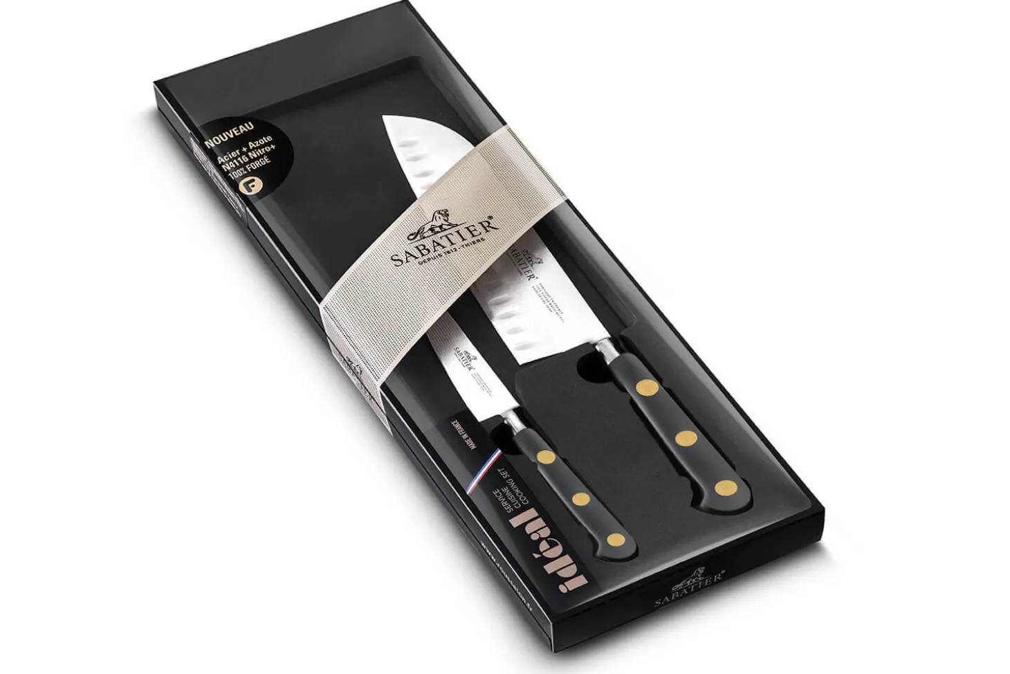 Coffret 2 couteaux Sabatier Idéal Inox rivets laiton Santoku 18cm + Office