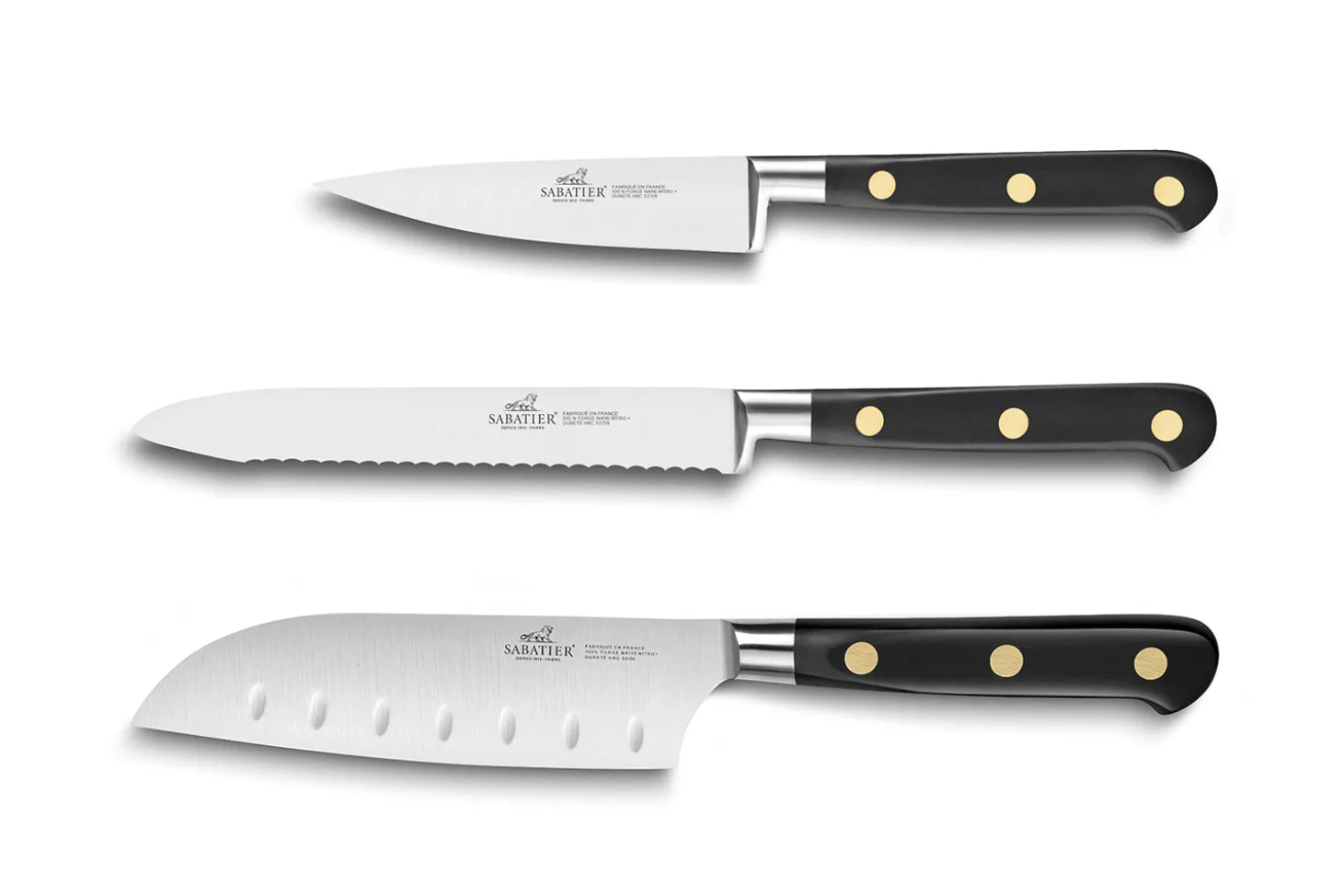 Coffret 3 couteaux Sabatier Idéal Inox rivets laiton Office + Universel + Mini Santoku