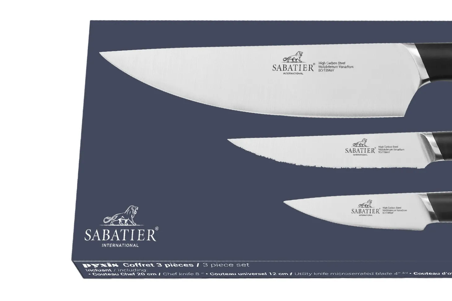 Coffret 3 couteaux Sabatier International Pyxis Office 9cm + Universel 12cm + Chef 20cm