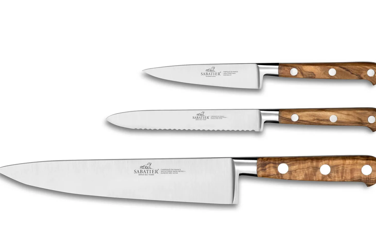 Coffret 3 couteaux SABATIER Provençao 100% forgés manches olivier