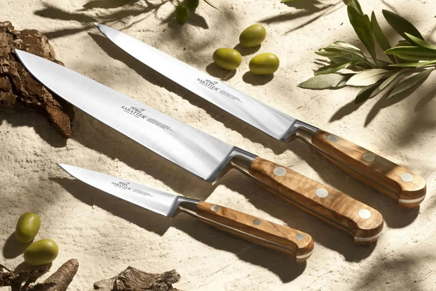 Coffret 3 couteaux SABATIER Provençao 100% forgés manches olivier
