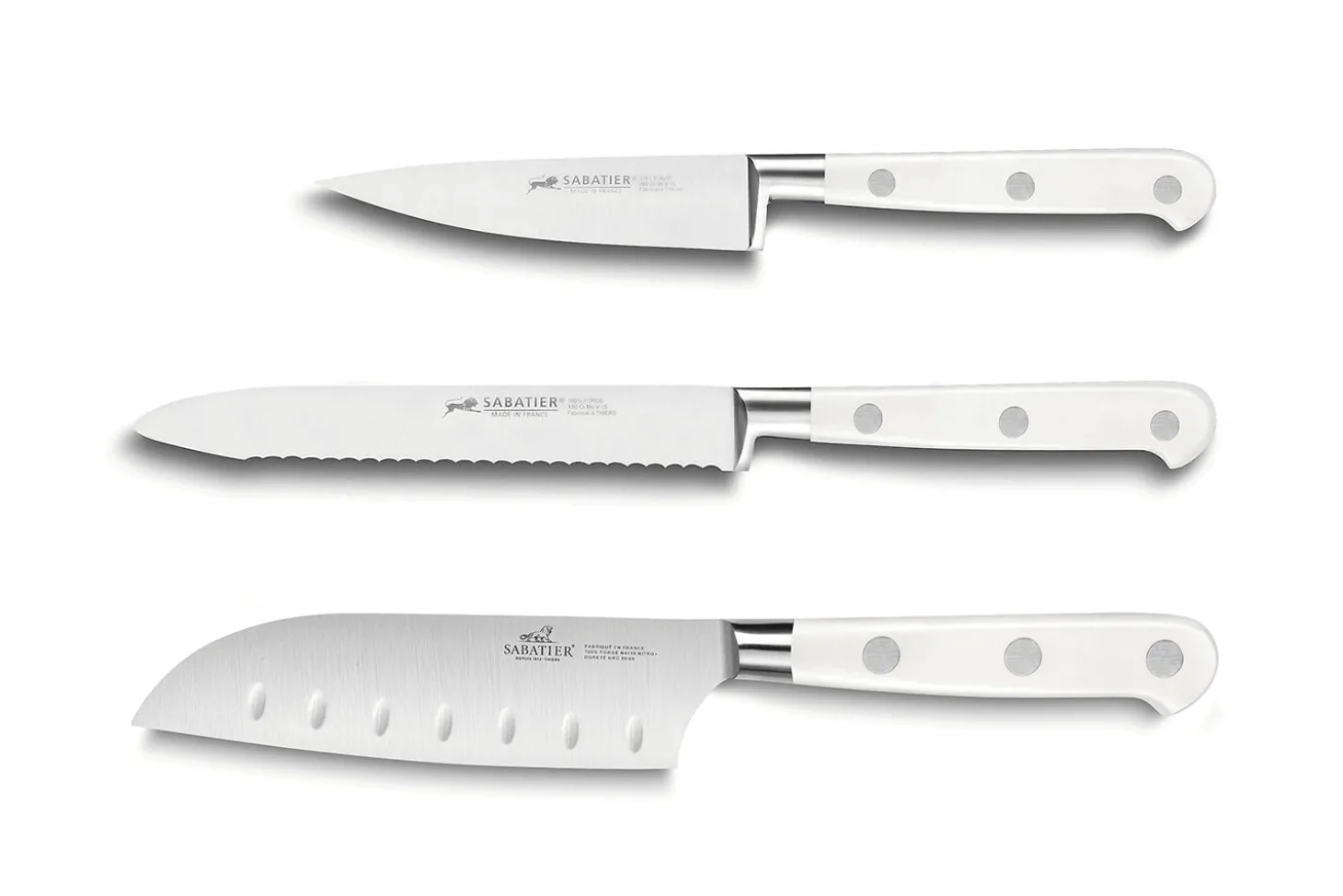 Coffret 3 couteaux Sabatier Toque Blanche Office + Universel + Mini Santoku