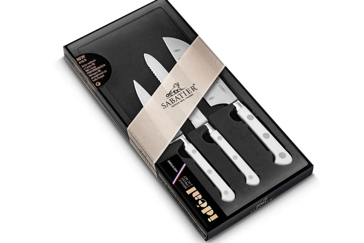 Coffret 3 couteaux Sabatier Toque Blanche Office + Universel + Mini Santoku
