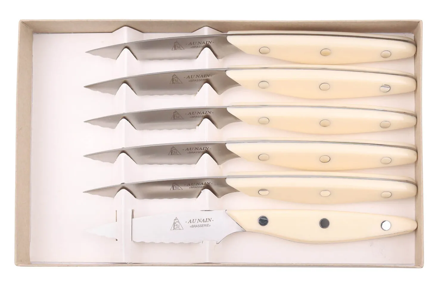Coffret 6 couteaux à steak Au Nain Brasserie ivoire microdentés
