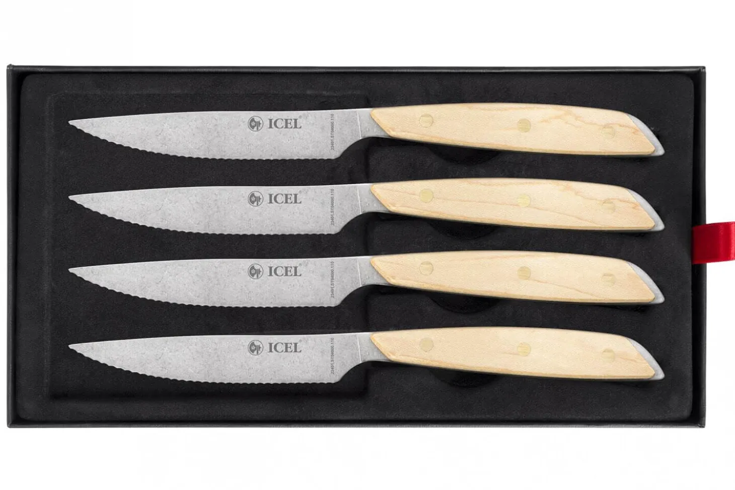 Coffret 4 couteaux à steak Icel lame dentelée 11cm manche droit bois d'érable