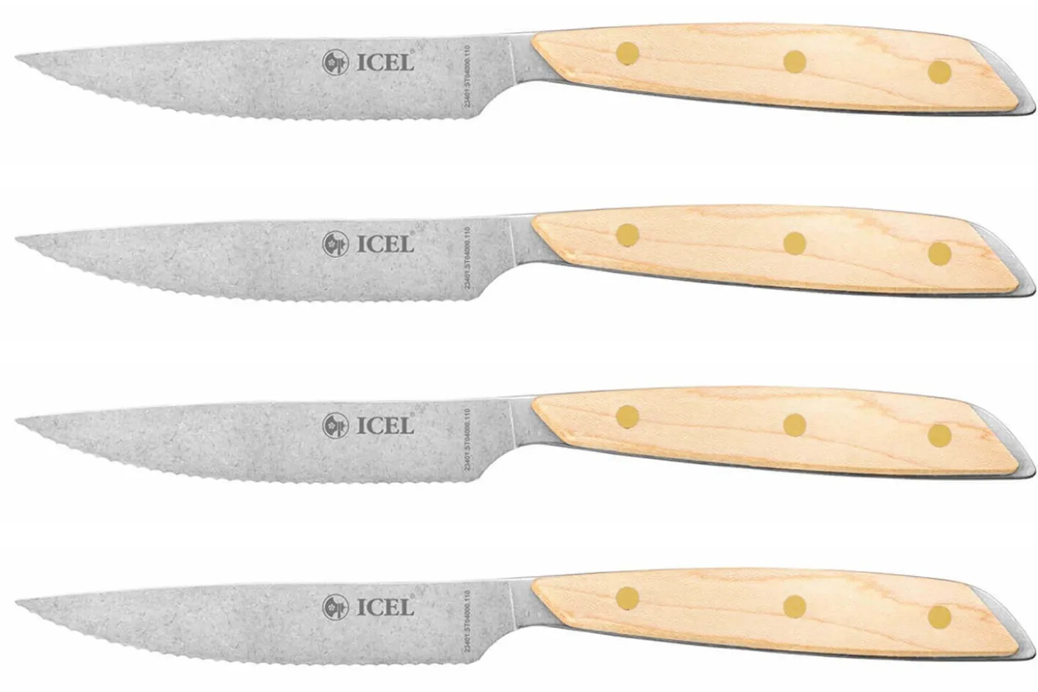 Coffret 4 couteaux à steak Icel lame dentelée 11cm manche droit bois d'érable