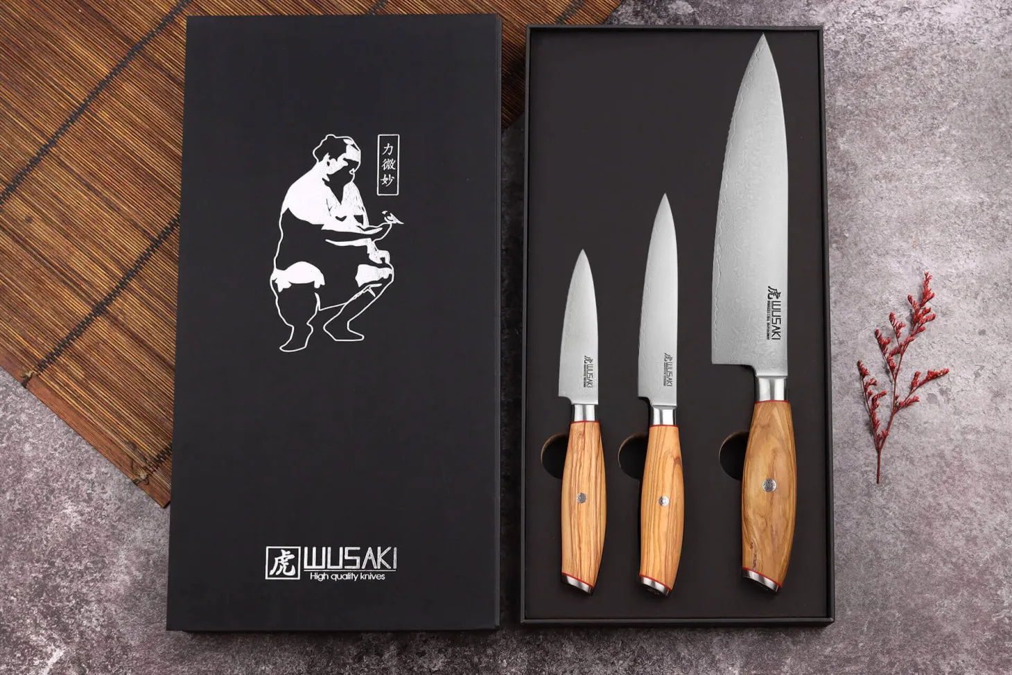 Coffret 3 couteaux Wusaki Fujiko 10CR damas Chef + Office + Universel