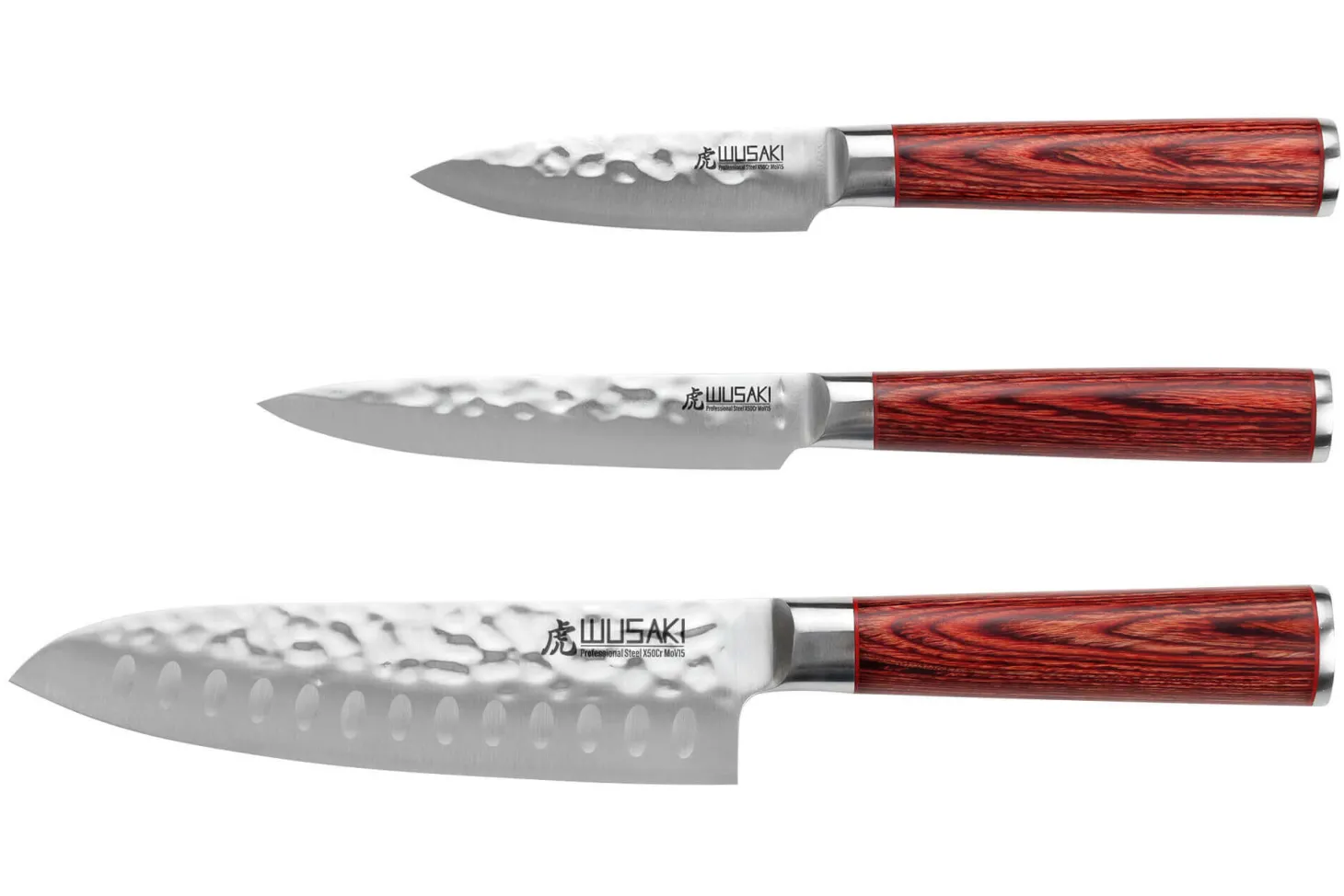 Coffret 3 couteaux Wusaki Pakka X50 pakkawood Santoku + Universel + Office