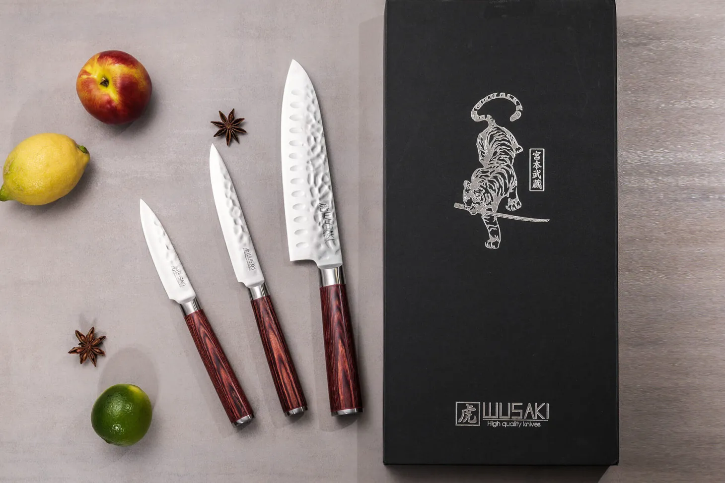 Coffret 3 couteaux Wusaki Pakka X50 pakkawood Santoku + Universel + Office