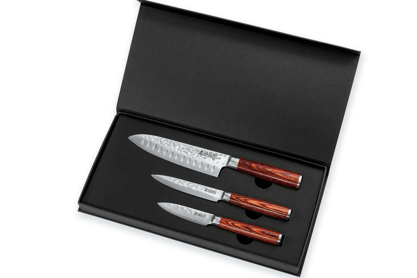 Coffret 3 couteaux Wusaki Pakka X50 pakkawood Santoku + Universel + Office