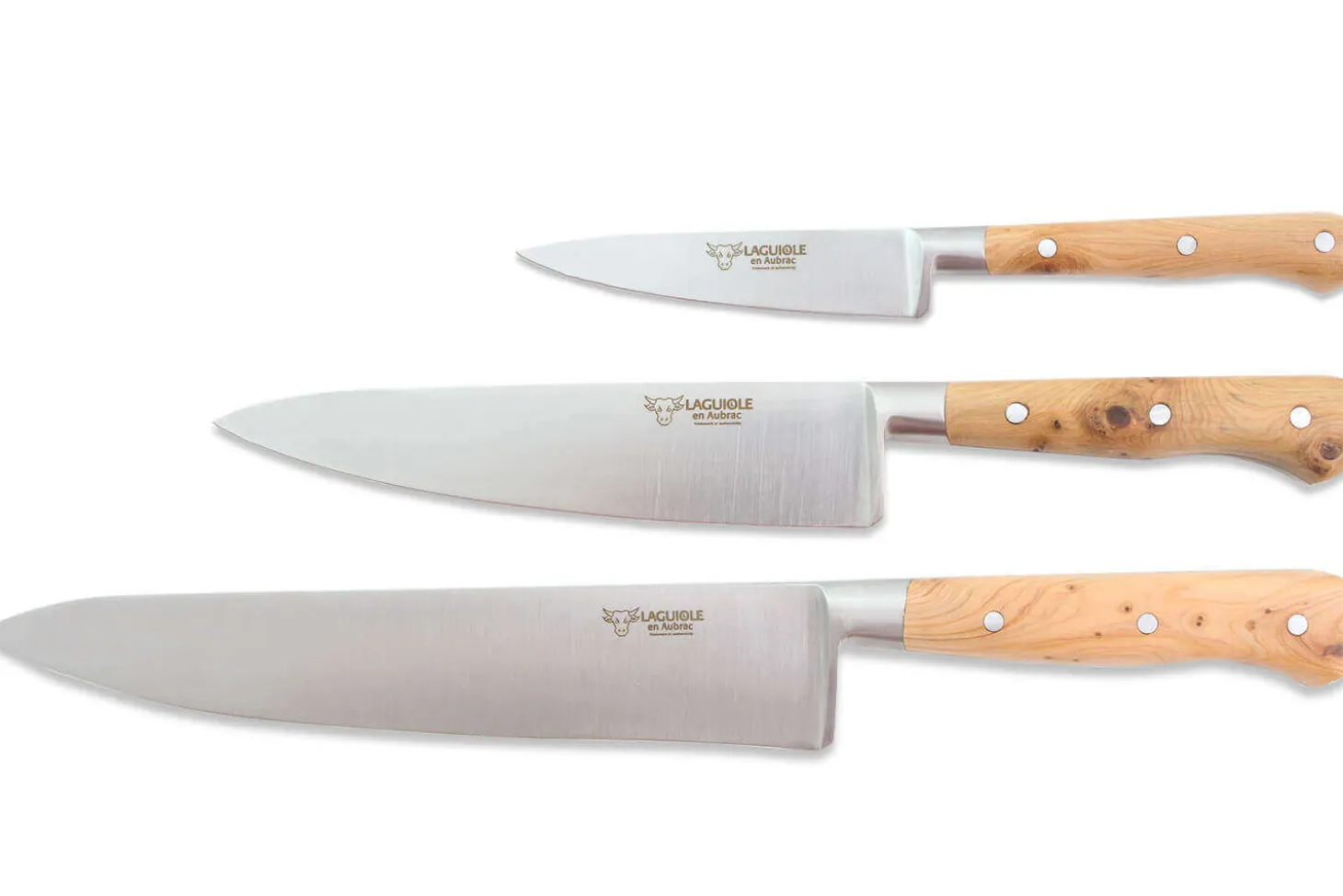 Coffret de 3 couteaux en genévrier Laguiole en Aubrac : Office + Universel + Chef