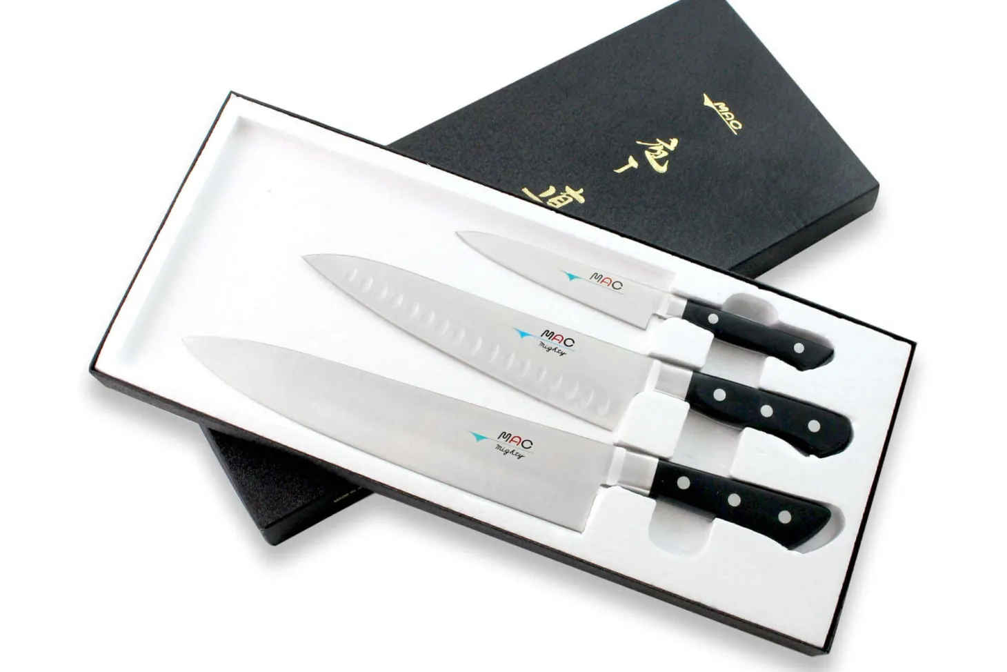 Coffret de 3 couteaux japonais MAC Professional office + chef alvéolé 20cm + chef 24cm