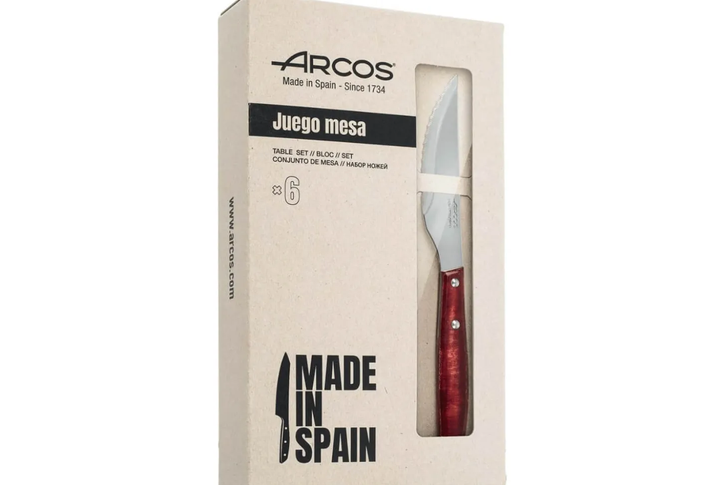 Coffret de 6 couteaux à steak/pizza Arcos lame dentelée 11cm manche en bois de peuplier rouge
