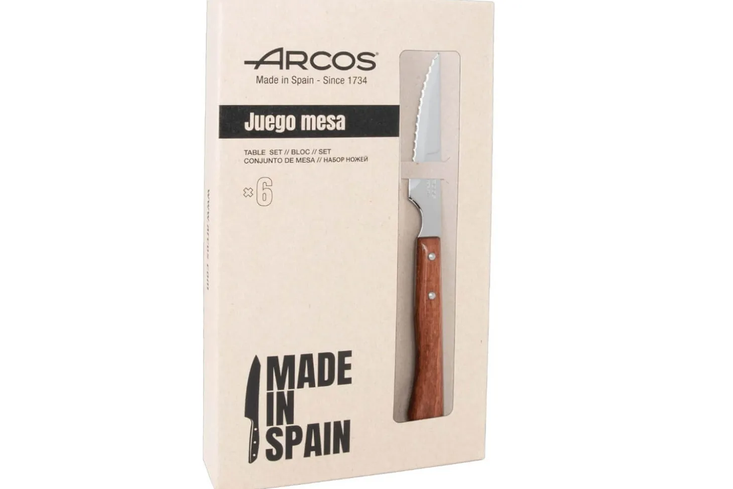 Coffret de 6 couteaux à steak/pizza Arcos lame dentelée 11cm manche en bois de hêtre compressé