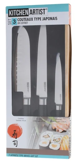 Coffret de 3 couteaux type japonais Kitchen Artist design authentique