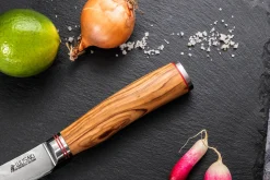 Coffret de 2 couteaux Wusaki Damas 10Cr manches en olivier Santoku + Office