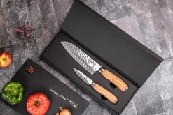 Coffret de 2 couteaux Wusaki Damas 10Cr manches en olivier Santoku + Office