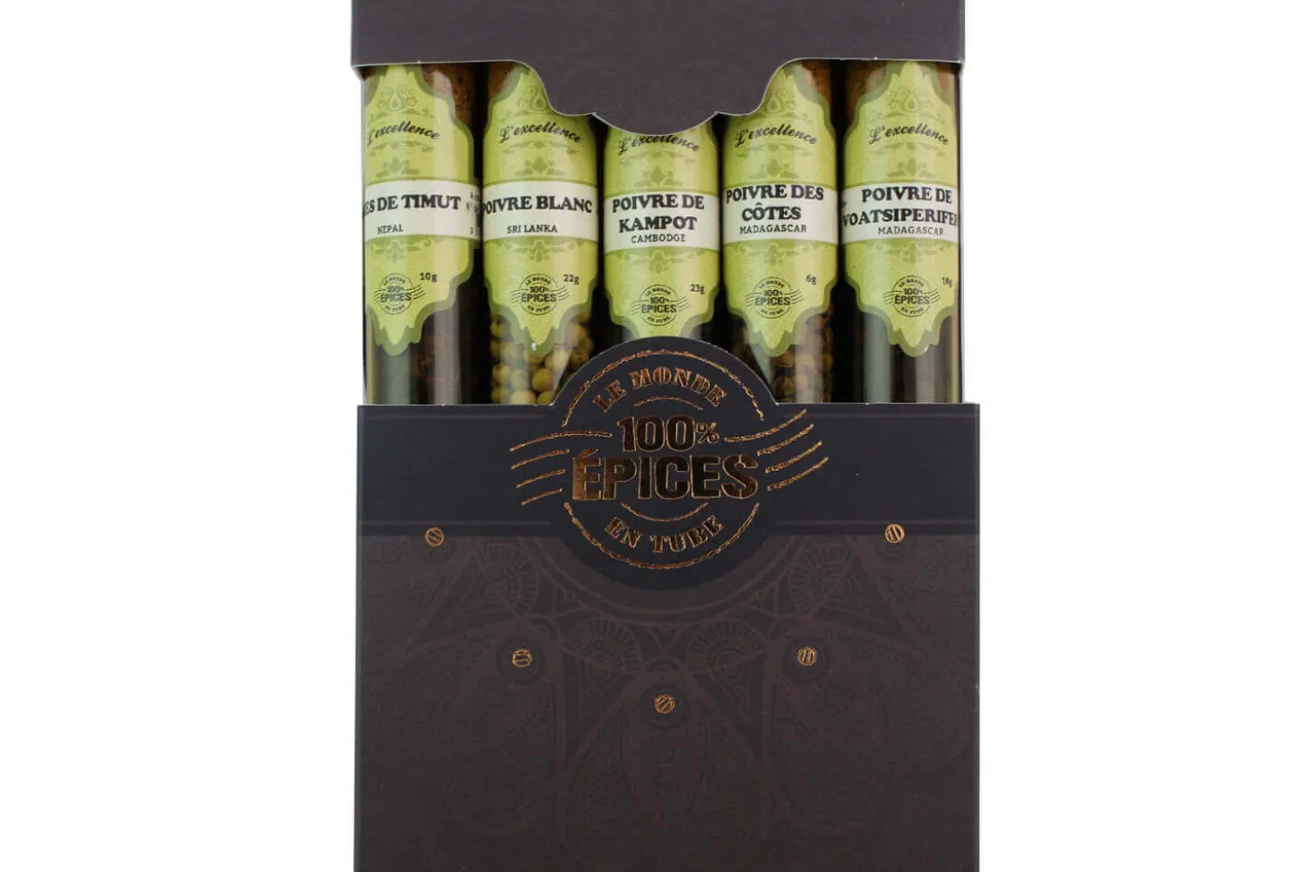Coffret d'épices Le Monde en Tube Poivres du monde 5 saveurs