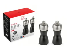 Coffret duo de moulins à poivre et à sel sec Peugeot Fidji en bois de hêtre et inox noir