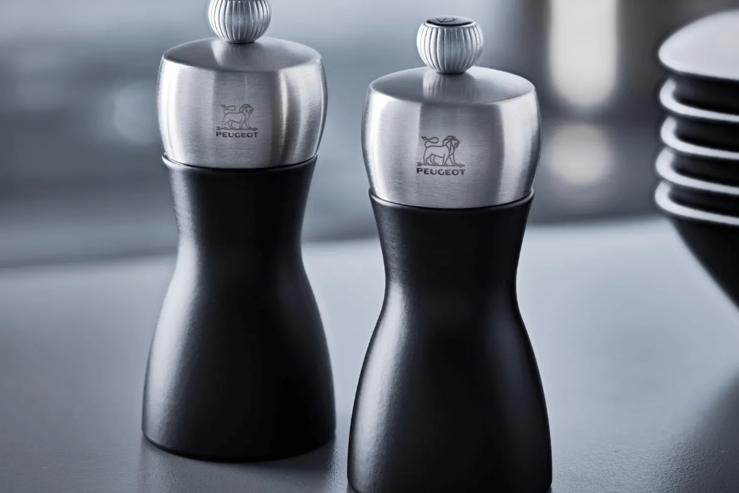 Coffret duo de moulins à poivre et à sel sec Peugeot Fidji en bois de hêtre et inox noir
