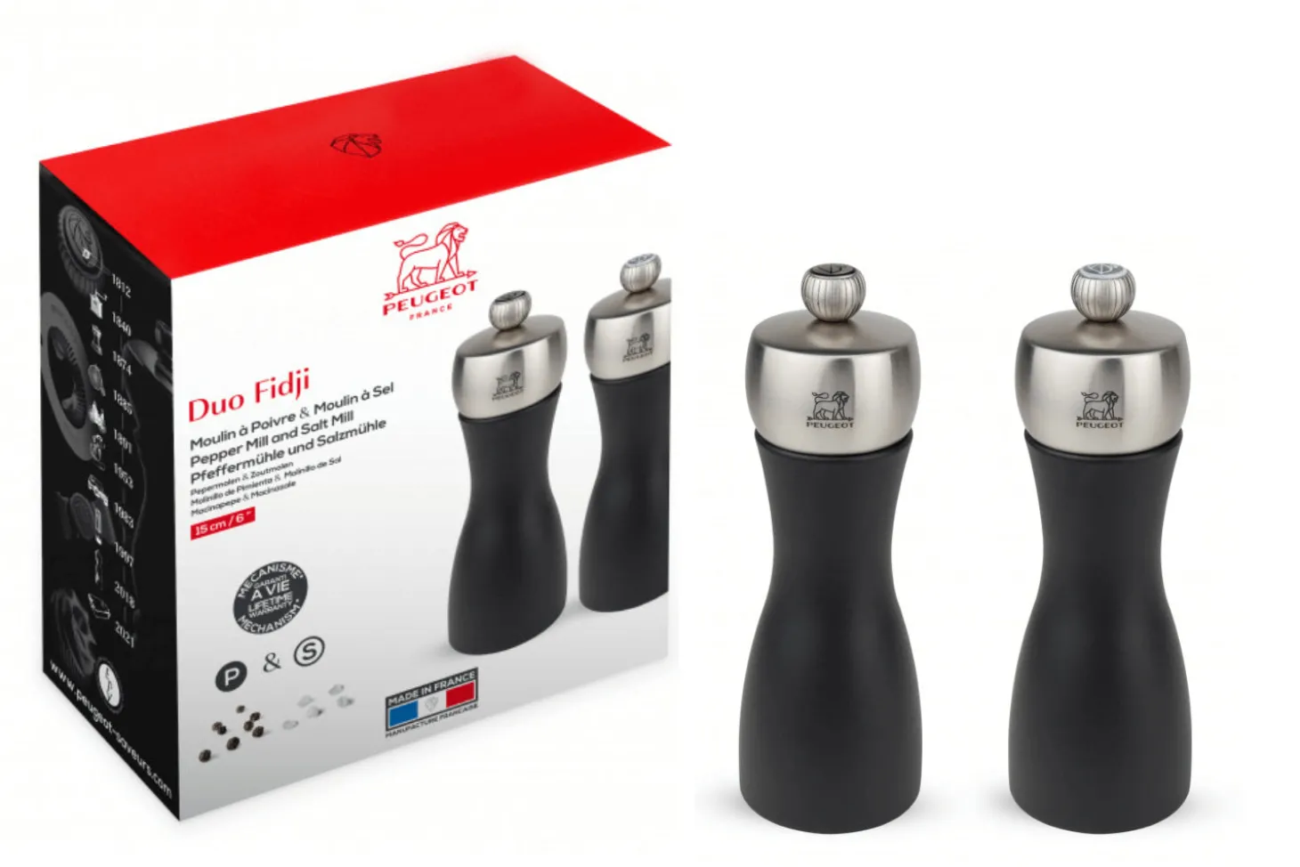 Coffret duo de moulins à poivre et à sel sec Peugeot Fidji en bois de hêtre et inox noir