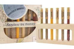 Coffret 6 épices en tube Le Monde en Tube Saveurs des îles et archipels + support bois